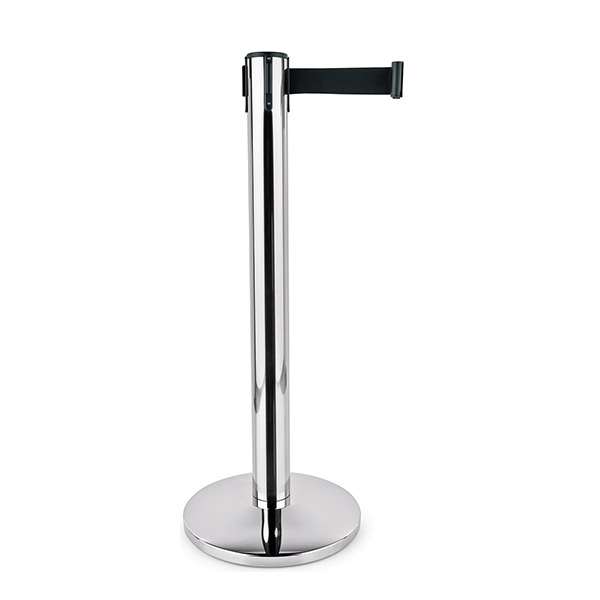 Image de POTEAU H.90CM DEROULEUR A SANGLE INOX BRILLANT + SANGLE NOIR