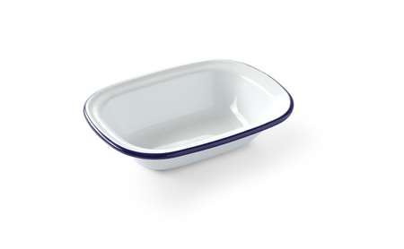 Image de PLAT RECTANGULAIRE 17.5XH.13CM ACIER EMAILLE BLANC BORD BLEU