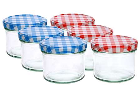 Image de CONFITURIER Ø8.5CM 23CL + COUVERCLE BLANC/BLEU-ROUGE SET6