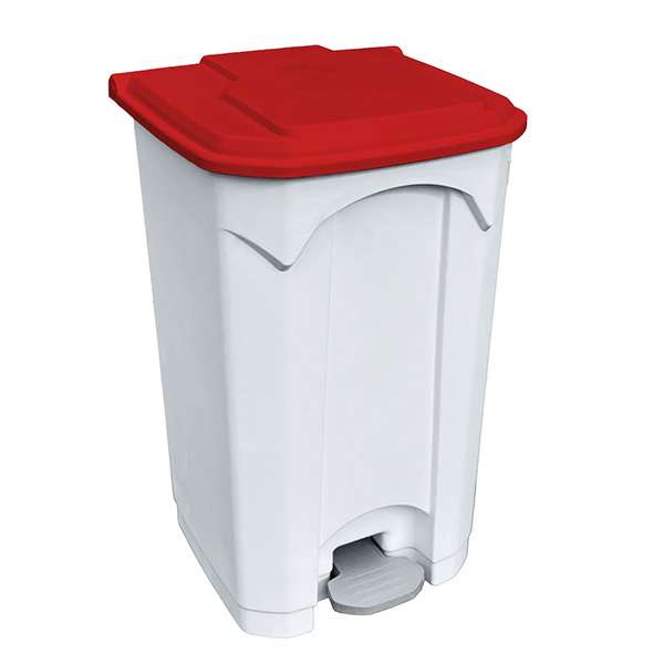 Image de POUBELLE PEDALE STRONGLY 90L BLANCHE + COUVERCLE ROUGE