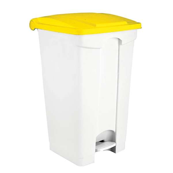 Image de POUBELLE PEDALE STRONGLY 90L BLANCHE + COUVERCLE JAUNE