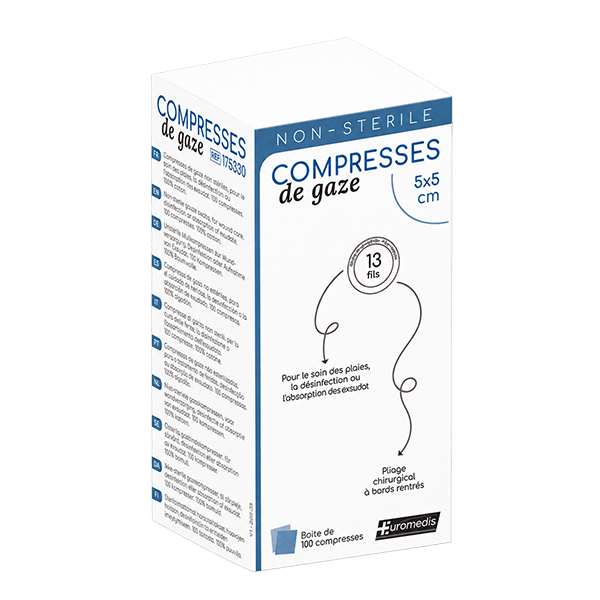 Image de COMPRESSES DE GAZE NON STERILES 13 fils 8 plis 5 x 5 cm